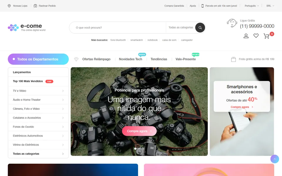 Página inicial do modelo de site E-Come, para loja virtual