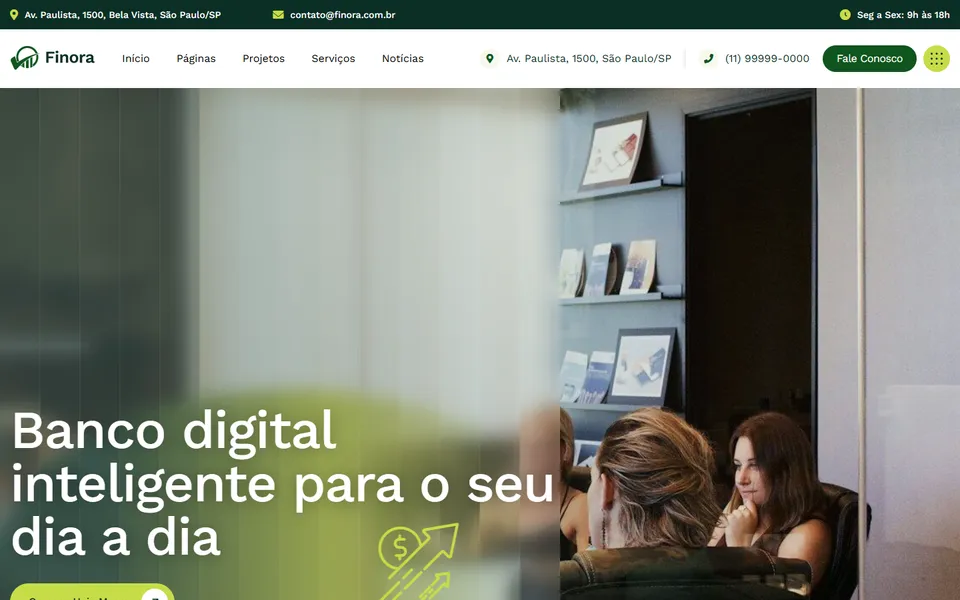 Página inicial do modelo de site Finora, para finanças