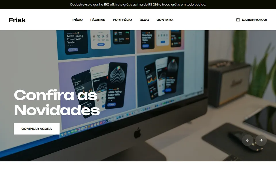 Página inicial do modelo de site Frisk Store, para loja virtual