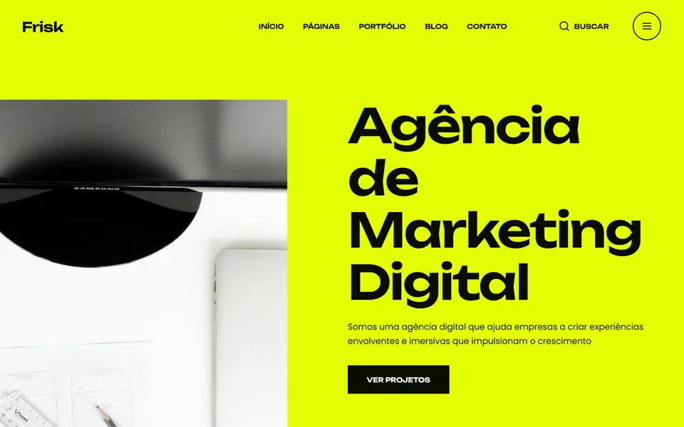 Página inicial do modelo de site Frisk Marketing, para agência e marketing