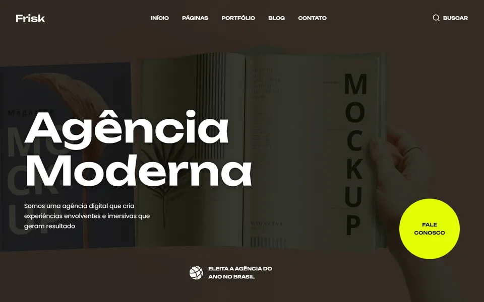 Página inicial do modelo de site Frisk Mockup, para agência e marketing