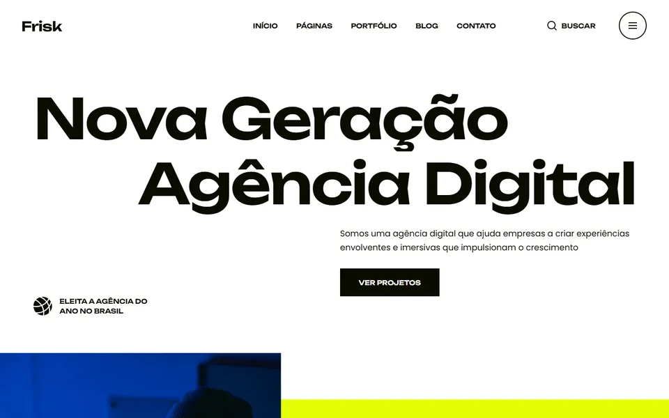 Página inicial do modelo de site Frisk, para agência e marketing