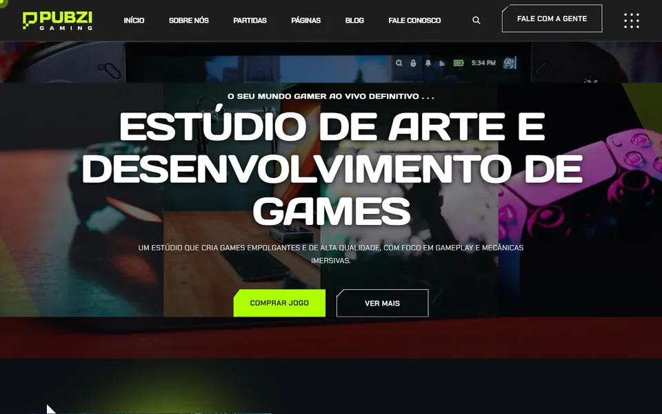Página inicial do modelo de site Pubzi Studio, para games e esportes