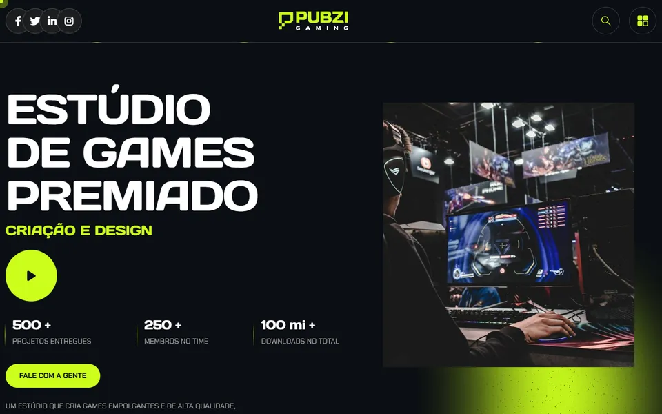 Página inicial do modelo de site Pubzi, para games e esportes